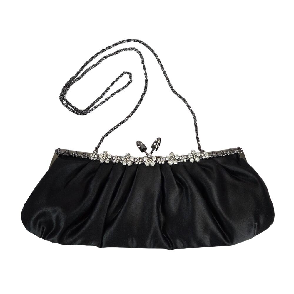 Jessica McClintock Black Satin Clutch Bag Jewel Stud Trim Crossbody Chain Strap